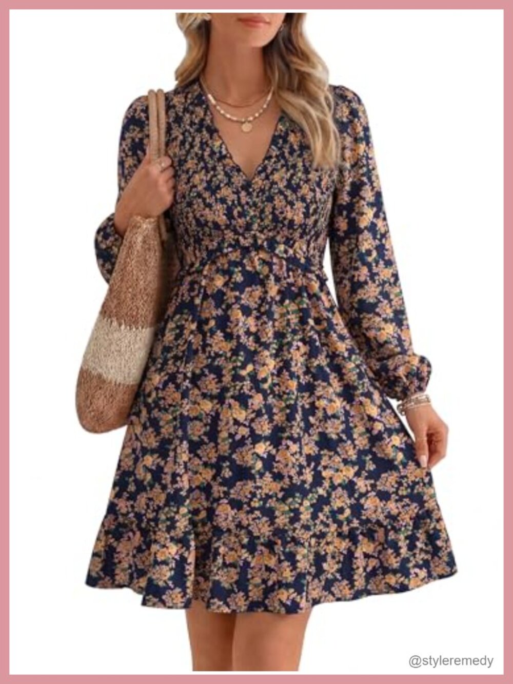Floral Chiffon Long Sleeve Mini Dress with Pockets